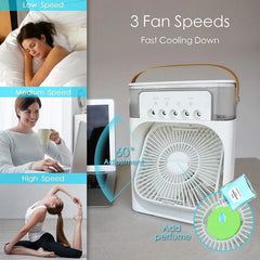 Portable Mini Air Cooling Fan with Water Tank, Adjustable Wind Speeds, USB Rechargeable Personal Air Cooler & LED Night Light – Desktop Cooling Fan for Home, Office & Bedroom