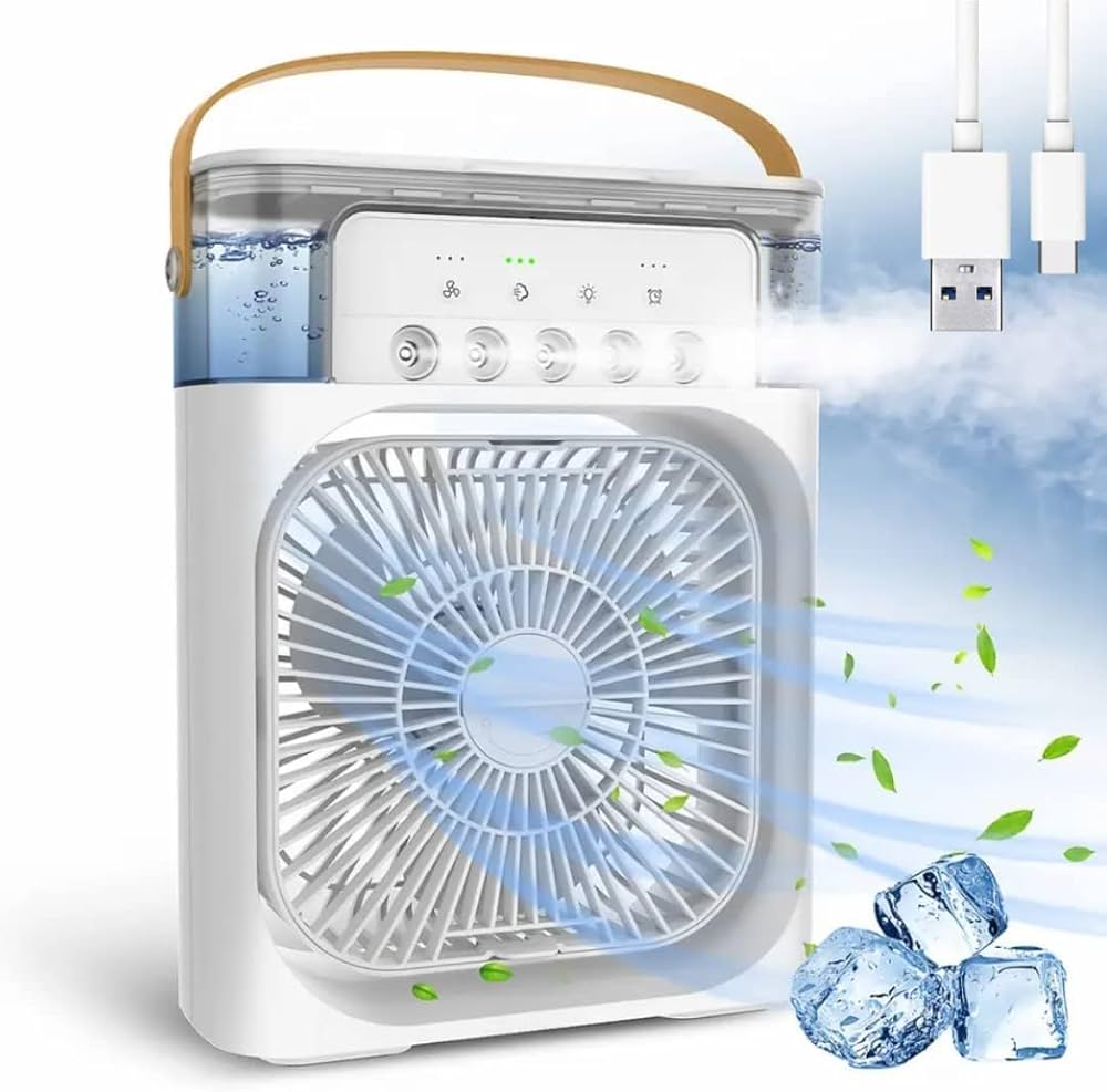Portable Mini Air Cooling Fan with Water Tank, Adjustable Wind Speeds, USB Rechargeable Personal Air Cooler & LED Night Light – Desktop Cooling Fan for Home, Office & Bedroom